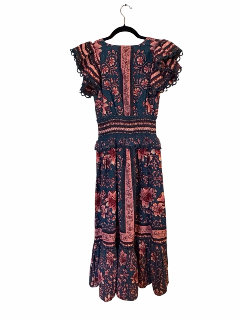 NWT FARM Rio Floral Scarf Print Midi Dress Smocked Tassel Tie Cottagecore XS - Picture 7 of 9
